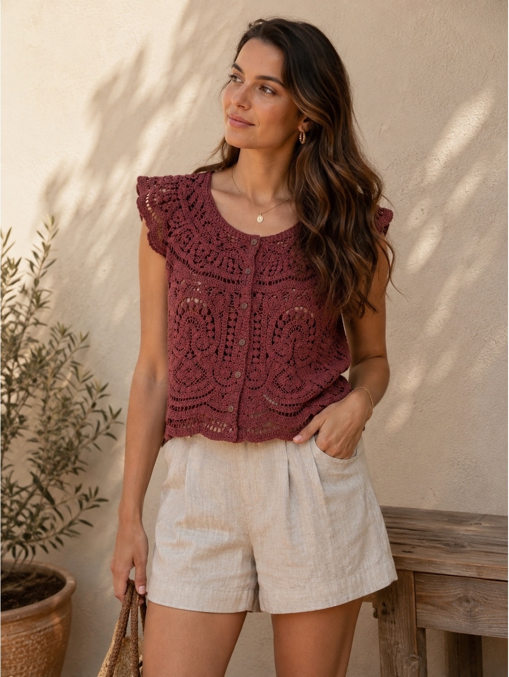 Ultra Pink Crochet Button Front Top Women’s XL Rust Brown Boho Cotton NWT
